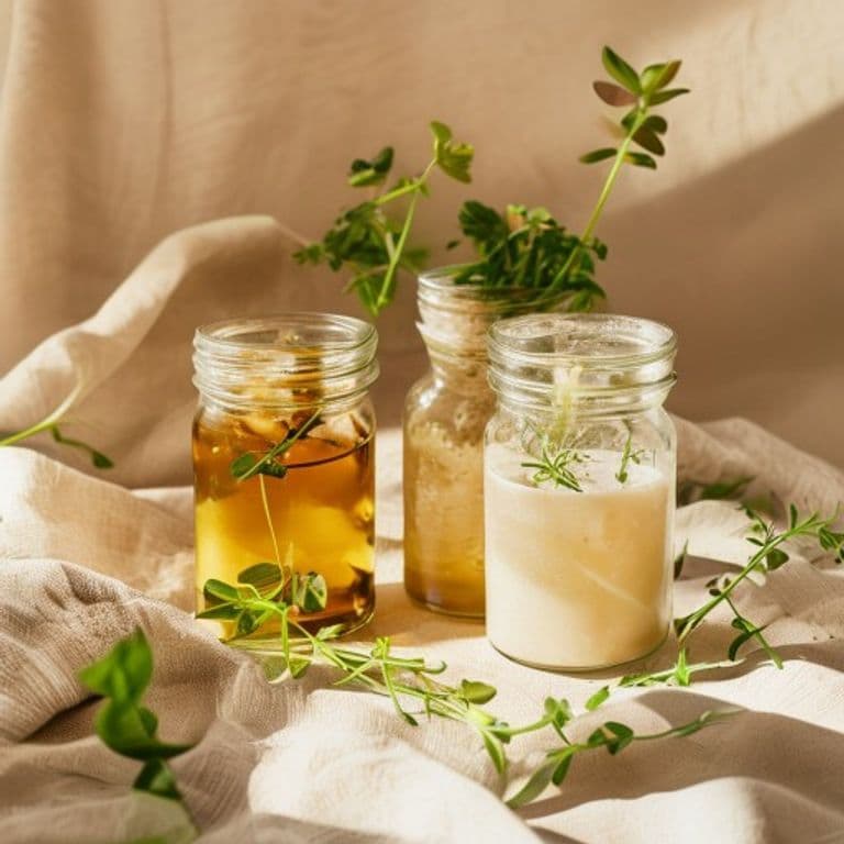 Tarros de alimentos fermentados con hierbas frescas